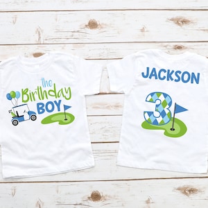 ゴルフ 3 歳の誕生日男の子シャツ - 3 歳の誕生日、フォア、パーティー、ブルー グリーン、アーガイル、ゴルフ誕生日男の子シャツ、ゴルフ誕生日テーマ、3 歳