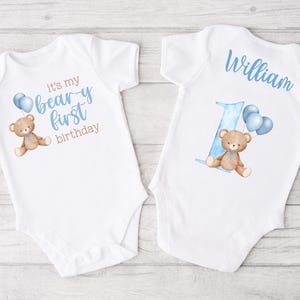 Bear-y First Birthday T Shirt Boy - teddy bear bday bodysuit, bear balloons, 1st birthday boy, brown bear, personalized, baby bear blue