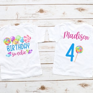 Candy Themed Birthday Girl Shirt - candyland birthday party, name and number on back, lollipop sucker sweets, birthday sweetie, colorful