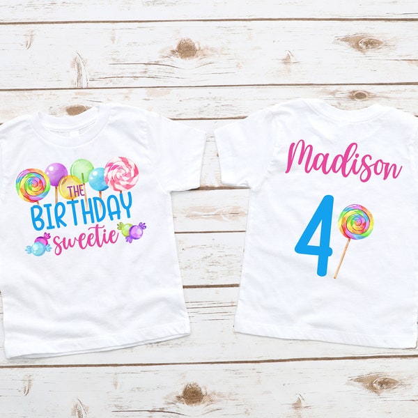 Candy Themed Birthday Girl Shirt - candyland birthday party, name and number on back, lollipop sucker sweets, birthday sweetie, colorful