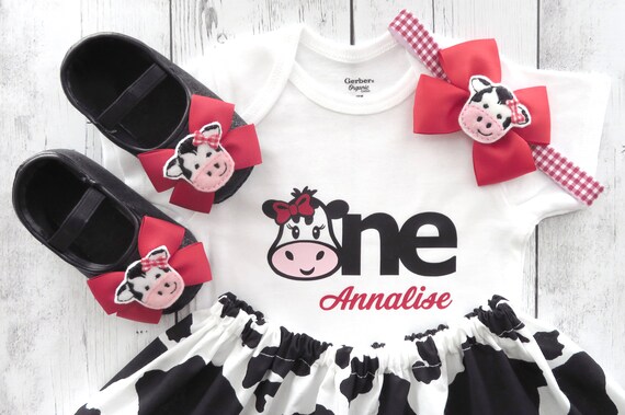 girl first birthday outfit Barnyard Animal First Birthday Outfit in Red Gingham cow headband cow outfit farm animal barnyard