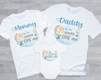 Mr World ONEder Birthday Shirts - family of the birthday boy, onederful adventure, mom dad grandma brother, globe map world vintage