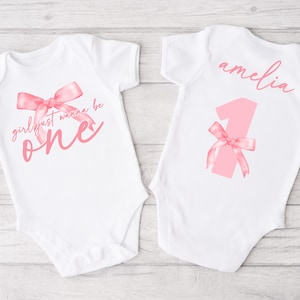 Girls Just Wanna be ONE Bodysuit for 1st Birthday Girl - coquette bow, pink bows, minimalist pink ribbon, one year old, first birthday girl