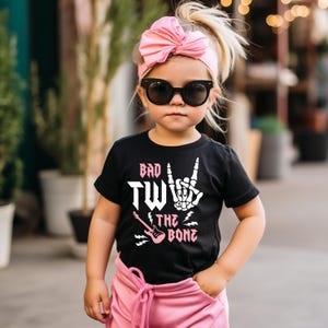 Bad TWO the Bone Birthday Girl Shirt - rock music themed birthday, 2nd birthday girl shirt, personalized, pink and black, skeleton hand