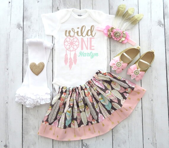 Mint and Gold Wild One Birthday Outfit with Headband Peach Mint Gold Fabric Tutu Baby Girl Wild One First Birthday Outfit PeachPink