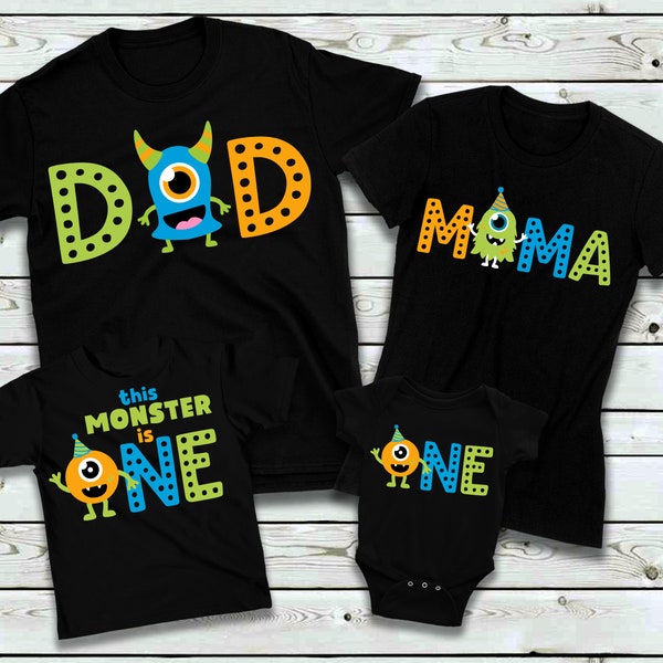 Monster 1st Birthday Family on Black Shirts - Monster 1st birthday boy, Mommy of the Birthday Monster, we created a monster, monster family