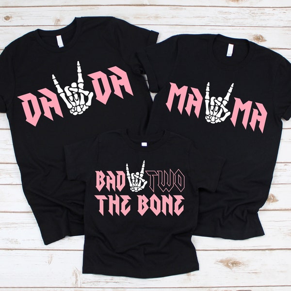 Bad TWO the Bone Birthday Family Shirts - 2e anniversaire de fille, thème anniversaire rock n roll, rock sur main squelette, deux ans, né deux rock