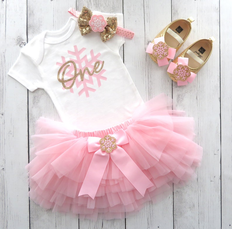 Winter ONEderland First Birthday Outfit witn pink and gold tutu baby girl first birthday dress snow much fun to be one snowflake pink