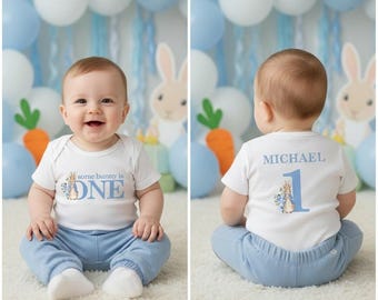 Body de niño para el primer cumpleaños de Peter Rabbit: primer cumpleaños, disfraz de conejito, camiseta de cumpleaños de Pascua, tradicional, conejito azul, algo de conejito