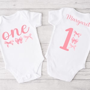 Pink Bows Bodysuit for 1st Birthday Girl - girls just wanna be one, coquette bow, minimalist pink ribbon, one year old, first birthday girl