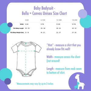 Puede incluir: Una tabla de tallas para bodies de beb&eacute;, que muestra las medidas de ancho y largo en pulgadas, y el peso en libras. La tabla incluye tallas de 3 a 6 meses a 18 a 24 meses. La tabla tambi&eacute;n incluye un diagrama de un body con las medidas marcadas.