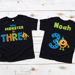 Monster 3rd Birthday Boy Shirt on black t shirt - third birthday, little monster outfit, birthday shirt, blue green orange, monster cute