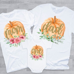 Pink Gold and Orange Pumpkin Birthday Family Shirts - floral pumpkin 1st birthday girl, mom dad nana brother aunt, our little pumpkin is one