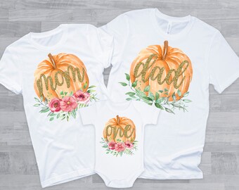 Pink Gold and Orange Pumpkin Birthday Family Shirts Floral