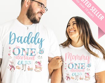 Alice in ONEderland Birthday Family Shirts - tea party 1st birthday girl, mom dad nana brother aunt, white rabbit, chesire cat, pink blue