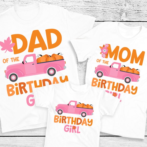 Pumpkin Truck Birthday Family Shirts - pink and orange pumpkin birthday girl, mom dad nana brother aunt, fall birthday girl, pink truck
