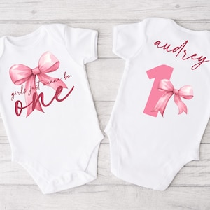 Girls Just Wanna be ONE Bodysuit for 1st Birthday Girl - coquette bow, pink bows, minimalist pink ribbon, one year old, first birthday girl