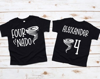 Four-Nado Birthday Boy on Black Shirt - fourth birthday boy t shirt, 4th bday, four year old, here comes the twonado, toddler birthday idea