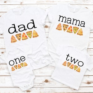 Camisas familiares de cumpleaños de fiesta de pizza - mamá papá abuela, 1er cumpleaños, 2do cumpleaños, tema de pizza, género neutral, fiesta para hacer pizza, rebanada