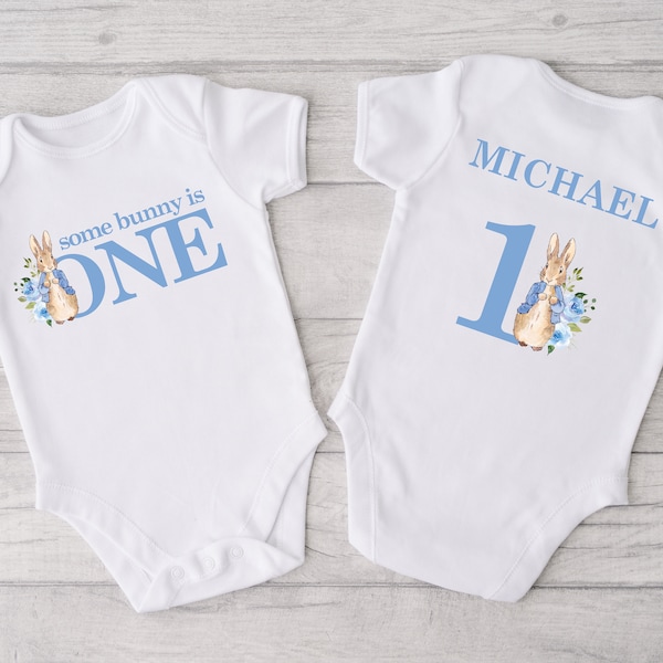 Peter Rabbit 1st Birthday Boy Bodysuit - first birthday, bunny rabbit outfit, easter birthday shirt, traditional, blue bunny, some bunny