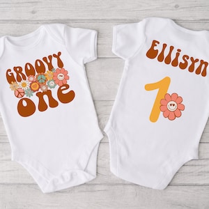 Groovy One T Shirt for 1st Birthday Girl - retro vintage floral, first birthday shirt, one year old outfit, 70s inspired, peace sign daisy