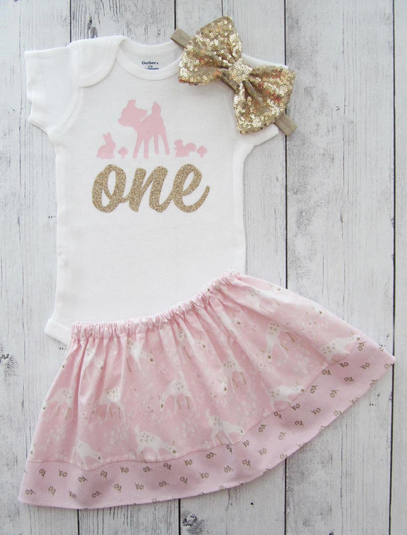OneDEERful birthday theme woodland birthday girl Little Deer First Birthday Outfit in pink and gold our little dear is turning one