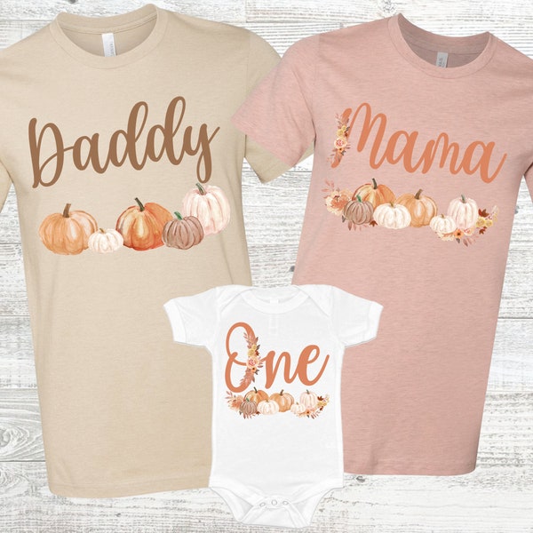 Chemises de famille d'anniversaire de citrouille de bohème d'automne - fille d'anniversaire de 1er anniversaire de citrouille de tons de terre, papa de maman, baby shower de citrouille, notre petite citrouille est une