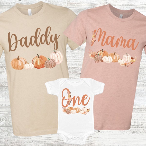 Herbst Boho Kürbis Geburtstag Familien Shirts - Erdton Kürbis 1. Geburtstag Mädchen, Mama Papa, Kürbis Babyparty, unser kleiner Kürbis ist einer