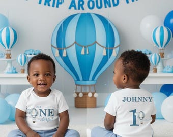 Hot Air Balloon bodysuit for 1st Birthday Boy - mr ONEderful first birthday, up up and away, 1st birthday boy, personalized name on back