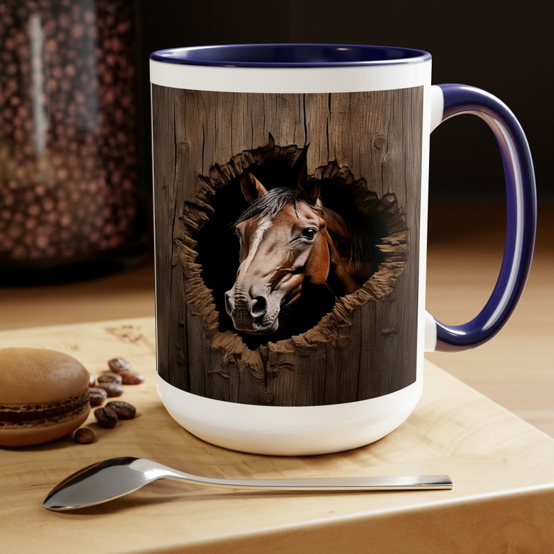 Horse PeekingThrough the Wall of the Barn Two-Tone Coffee Mugs, 15oz Blue