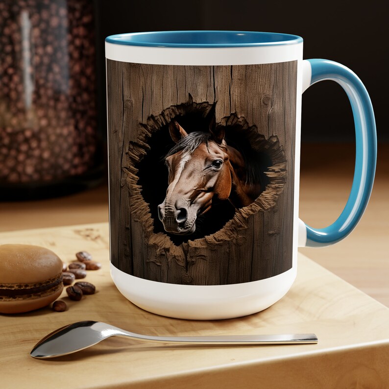 Horse PeekingThrough the Wall of the Barn Two-Tone Coffee Mugs, 15oz Light Blue