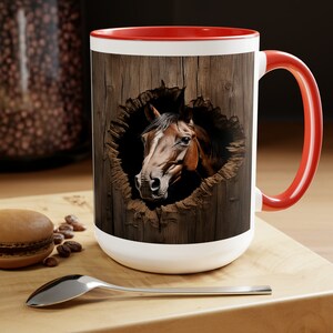 Horse PeekingThrough the Wall of the Barn Two-Tone Coffee Mugs, 15oz Red