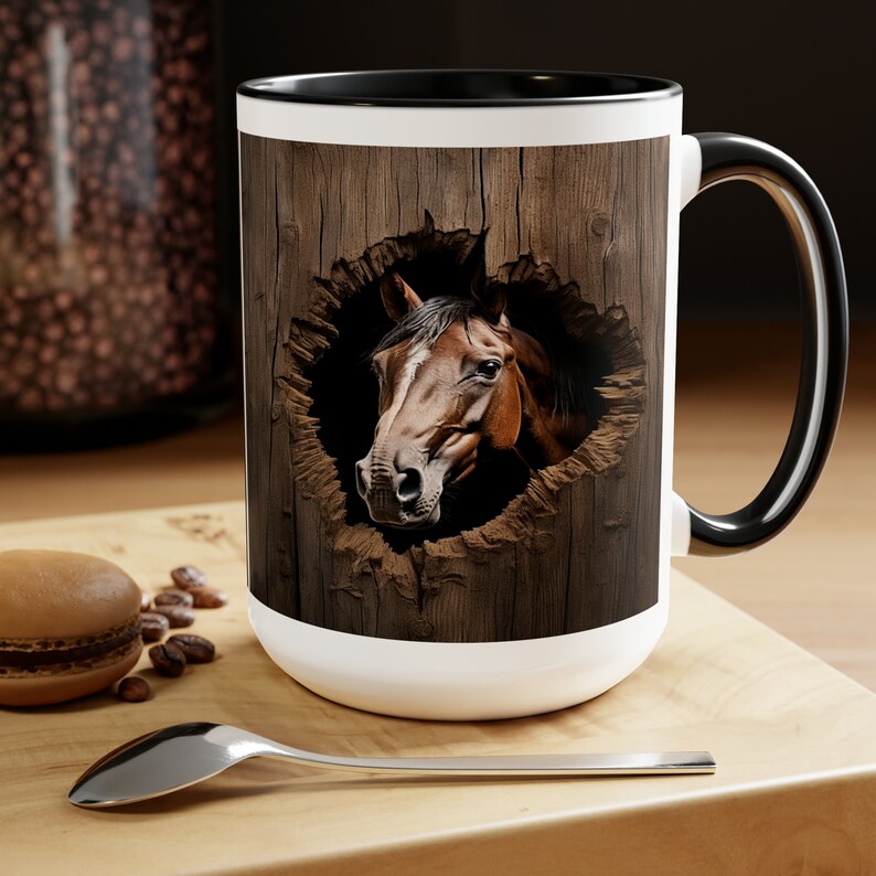 Horse PeekingThrough the Wall of the Barn Two-Tone Coffee Mugs, 15oz image 1