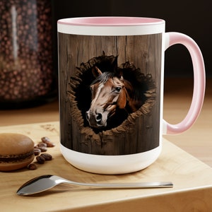 Horse PeekingThrough the Wall of the Barn Two-Tone Coffee Mugs, 15oz Pink