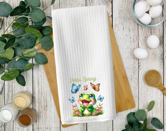 Hello Spring Adorable Frogs Waffle Weave Tea Towels (Set 1)