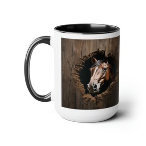Horse PeekingThrough the Wall of the Barn Two-Tone Coffee Mugs, 15oz image 2