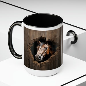 Horse PeekingThrough the Wall of the Barn Two-Tone Coffee Mugs, 15oz image 4