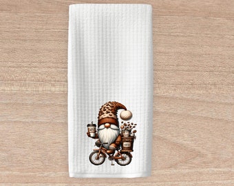 Gnome Coffee on a Bicycle Waffle Weave Tea Towels