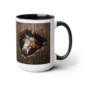 Horse PeekingThrough the Wall of the Barn Two-Tone Coffee Mugs, 15oz Black