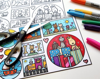 Loving cats and dogs to color and cut, for girl or boy, child activity, DIY