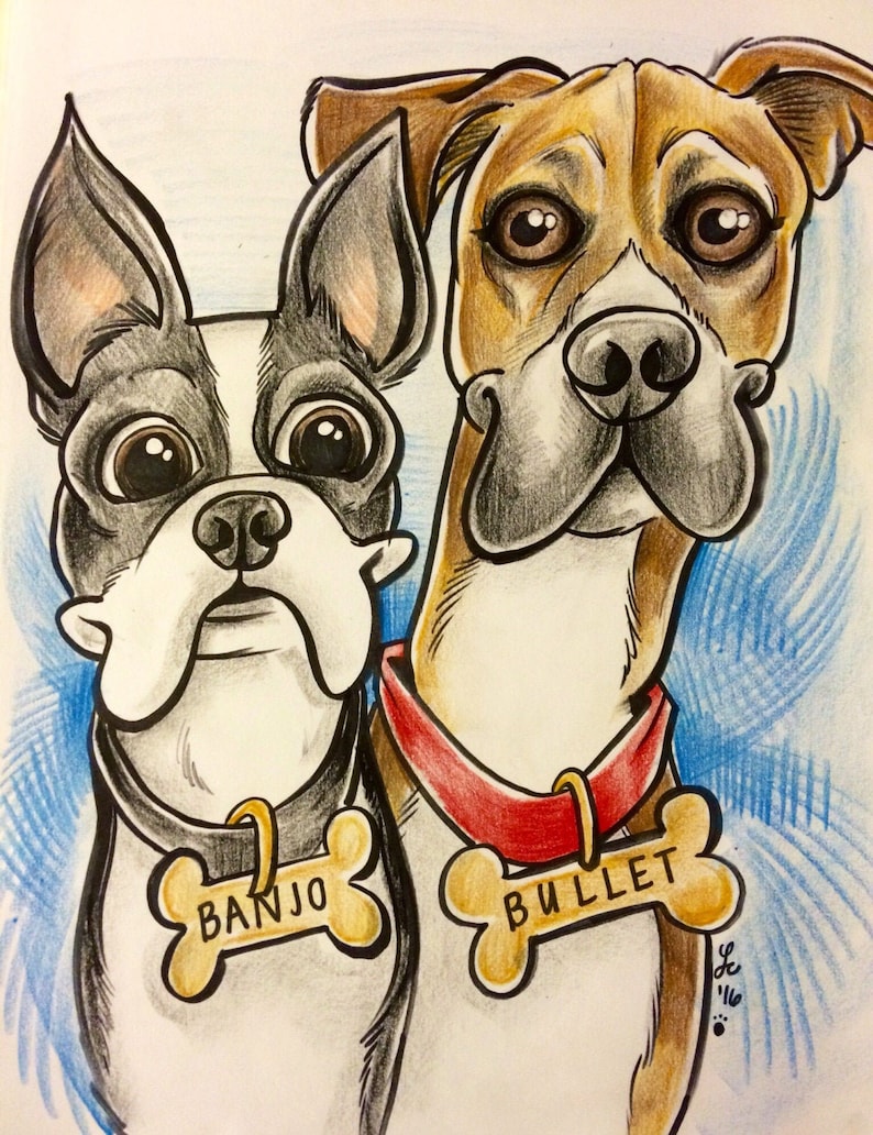 May include: A cartoon illustration of two dogs, a black and white Boston Terrier named "Banjo" and a brown Boxer named "Bullet". Both dogs are wearing bone-shaped name tags.