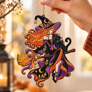 Embroidery File : Halloween Witch Ornament, Broom Riding Witch Design, Black Cat Charm Patch, Machine Embroidery DST