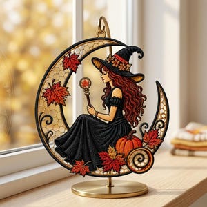 May include: A decorative metal ornament featuring a crescent moon frame with a witch figure holding a staff, long wavy red hair, a black hat, and a black dress. The design includes orange pumpkins and red maple leaves, all mounted on a gold stand.