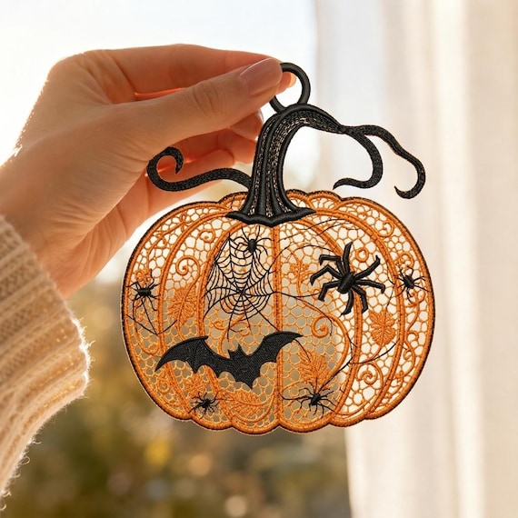 FSL Embroidery File : Halloween Pumpkin Lace Design, Spooky Spider Bat Free Standing Lace Machine Embroidery Pattern, Fall Holiday