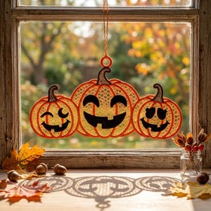 Peut inclure: Une décoration suspendue en forme de citrouilles orange avec trois visages de jack-o'-lantern aux découpes noires. Le motif présente une texture délicate rappelant la dentelle sur les citrouilles, suspendu par un fil fin à un anneau.