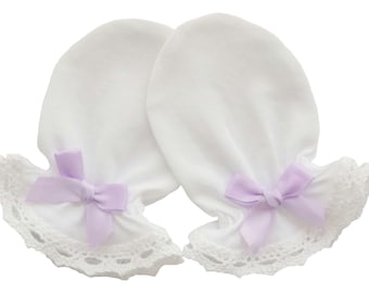 Cotton Baby Mittens: White Lace, Light Purple Bow (0-6 Months)