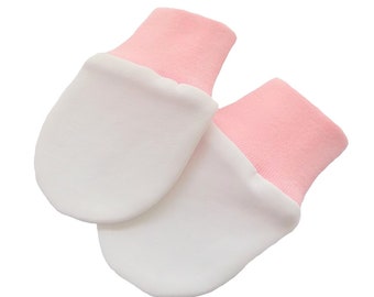 0-3/ 3-6/ 6-12 Months Organic Cotton Knitted Fabric Newborn Baby Anti Scratch Mittens Gloves Color Ivory, Knitted Pink Cuff