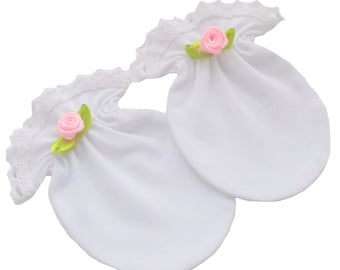 Cotton Baby Mittens: Pink Satin Rose, White Lace, Anti-Scratch (0-6 Months)