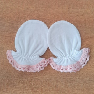 0-3/ 3-6 Months 100% Cotton Jersey Newborn Baby Anti Scratch Mittens Gloves Christening, Pink Cotton Lace, Pink Satin Flower