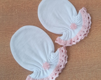 0-3/ 3-6 Months 100% Cotton Jersey Newborn Baby Anti Scratch Mittens Gloves Christening, Pink Cotton Lace, Pink Satin Flower